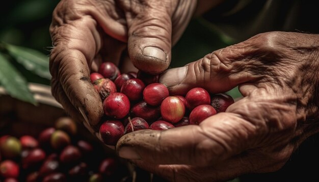 Senior farmer holding ripe berry fruit outdoors generated by AI