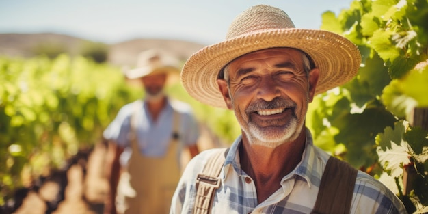の帽子をかぶった高齢の農家がブドウ畑で働きジェネレーティブAIのポーズをとっています