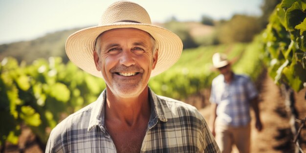 Senior farmers in straw hat working in vineyard Posing Generative AI