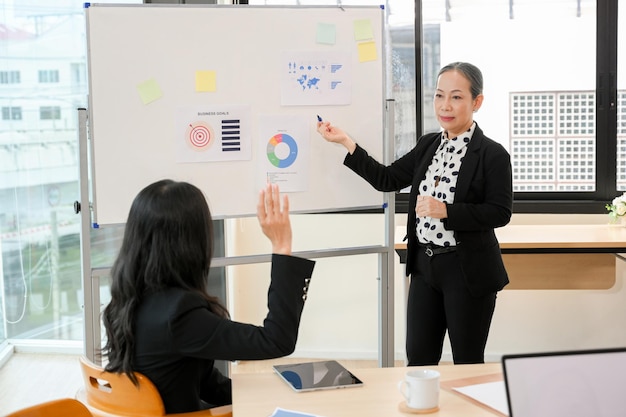 Senior female account manager lead a presentation in the meeting room