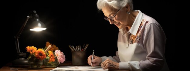 Senior female artist working on painting in her studio