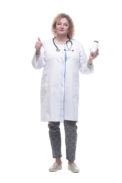 senior female doctor with sanitizer in hand. isolated on a white background.