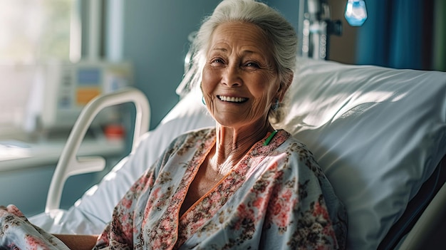 현대 병원 환자 침대에 만족스럽게 미소 짓고 있는 고령 여성 환자