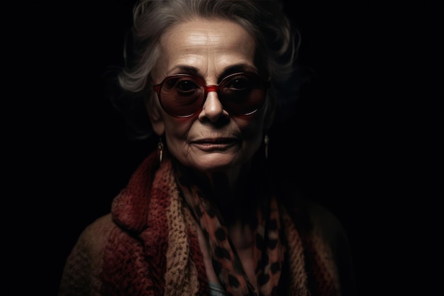 Старшая женщина в стильной одежде с солнцезащитными очками смотрит в камеру на темном фоне