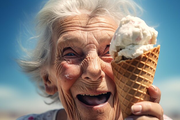 Foto turista femminile senior che tiene un cono gelato al mare durante il giorno