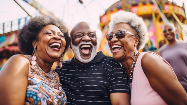 Photo senior friend group at amusement park rides food fun retirement activity