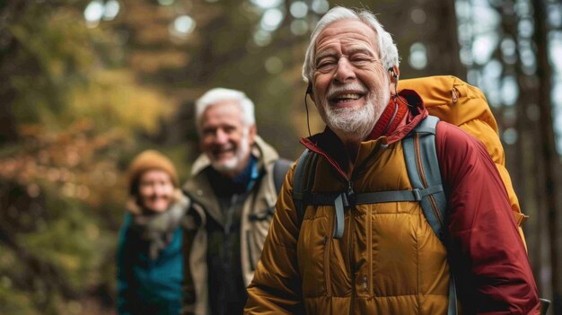 写真 秋の森でハイキングする年配の友達