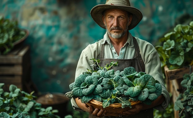 Senior gardener with basket of broccoli in his hands