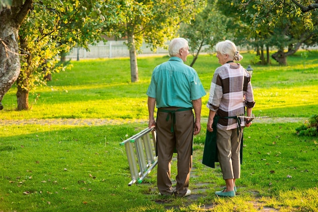 Senior gardeners couple back view