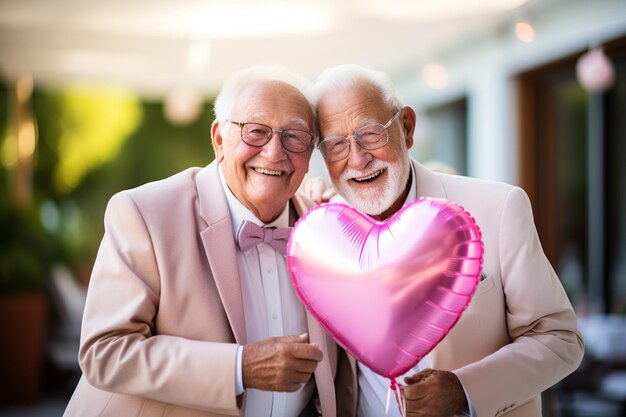 Photo senior gay couple holding heart balloon ai generated