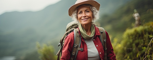 Senior gelukkige vrouw wandelen in de bergen