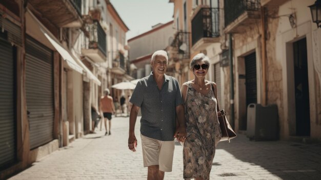 Senior gepensioneerd echtpaar loopt samen door een toeristisch stadje op vakantie