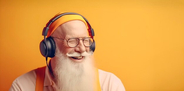 Foto uomini anziani di bell'aspetto con la barba ascoltano musica su sfondo giallo nonno figo che indossa le cuffie ascolta musica su fondo giallo generato dall'ia