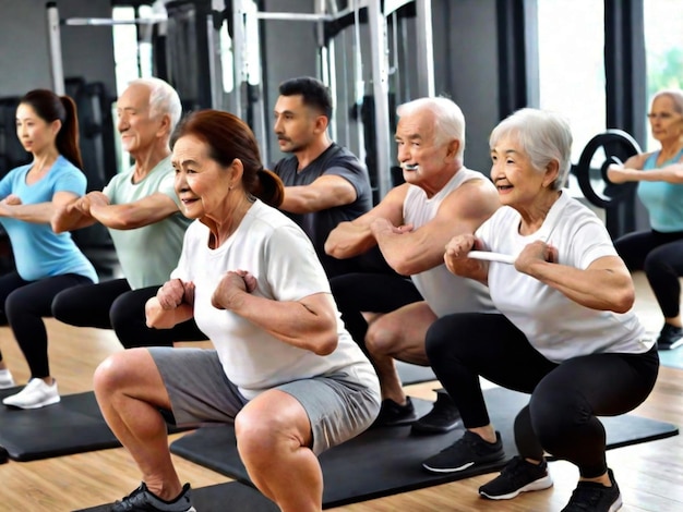 Photo senior group doing squat exercise with physiotherapist in gym class