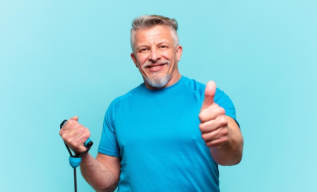 senior handsome man practising fitness and wearing sport clothes