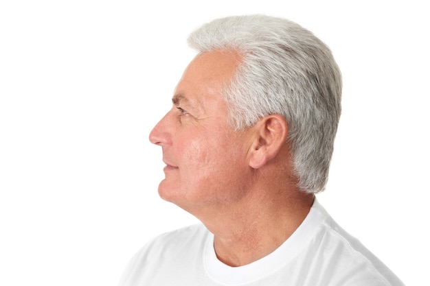 Senior handsome man on white background