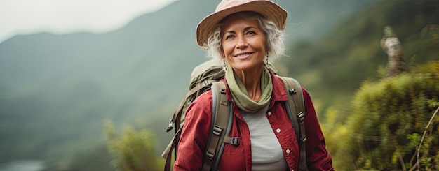 高齢の幸せな女性が山をハイキングしている