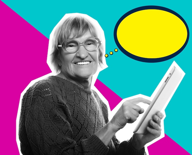 Senior happy woman using ipad