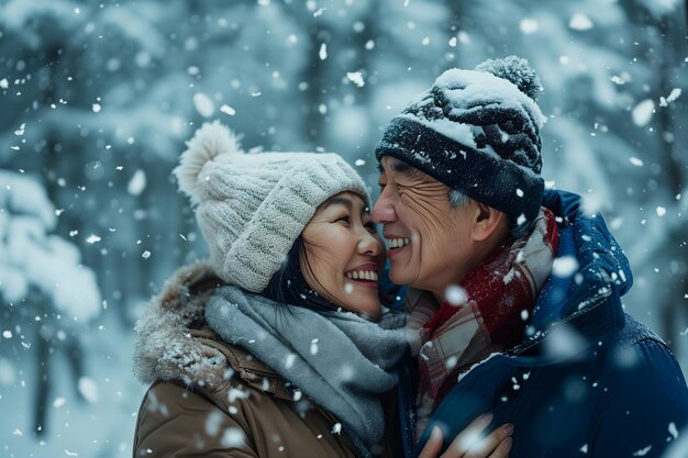 Senior heterosexual Asian couple in beautiful snowy winter nature