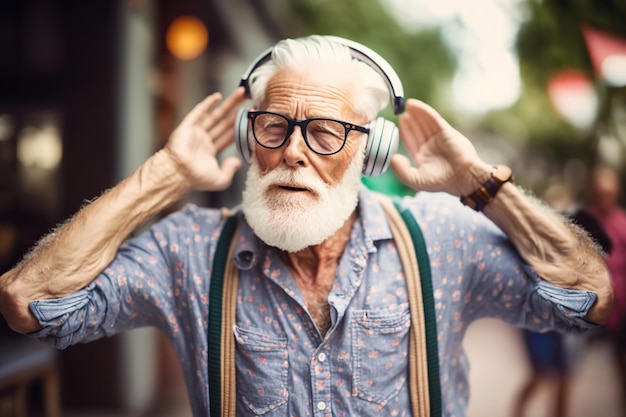 거리 Generative AI 그림에서 수석 힙스터 남자 듣는 음악