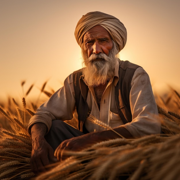 Старший индийский фермер сидит на пшеничном поле.