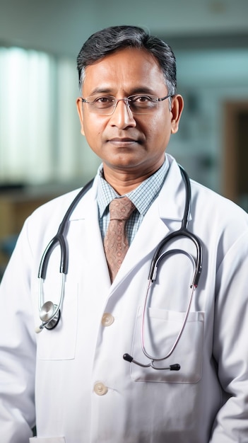 Foto un medico indiano anziano in piedi in ospedale.