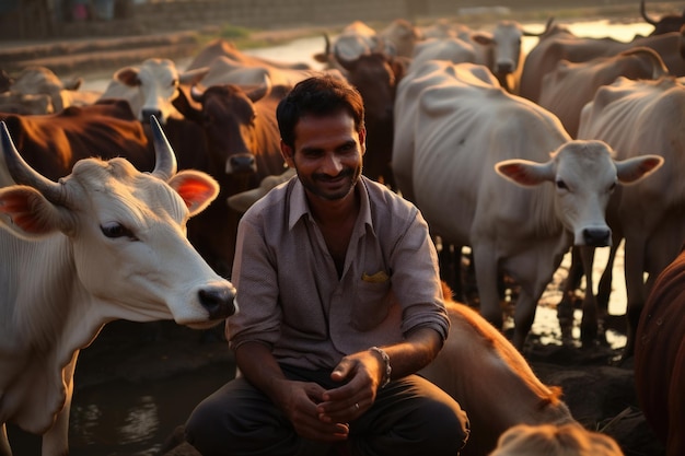 Senior indian man taking care of cow in dairy or cattle farm in village