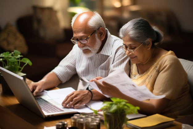Senior Indiase Aziatisch echtpaar boekhouding checken rekeningen op laptop rekenmachine en geld op het bureau