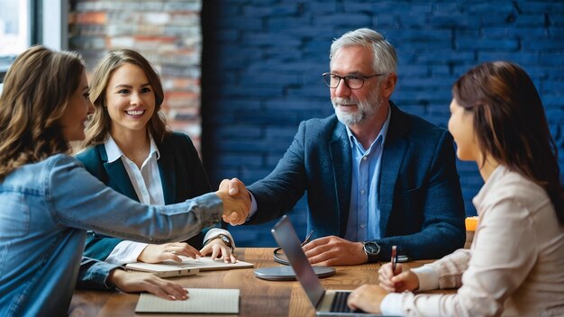 Photo senior investor buying startup handshaking young entrepreneur at group meeting