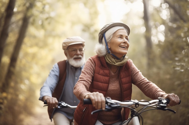 Senior koppel fietsen samen in het park Gelukkige oude mensen vrije tijd actief buiten tijd Genereren ai