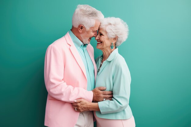 Senior koppel gelukkig verliefd glimlachend en knuffelen AI generatieve