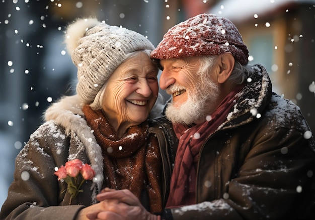 Senior koppel knuffelen en glimlachen met vallende sneeuw Tederheid en medeplichtigheid AI gegenereerd