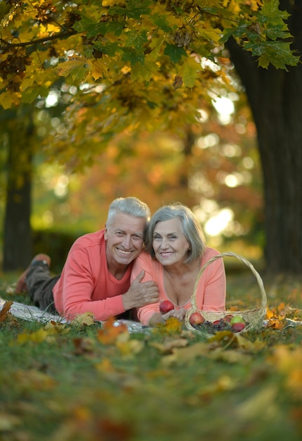 Senior koppel rust in het herfstpark met picknickvoedsel