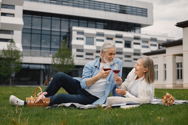 Senior koppel zittend op een deken op een picknick in de zomer en een wijntje drinken?