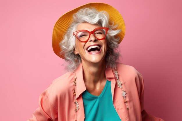 Senior lady stylish with laughter wearing hat exuding pure happiness against pink background