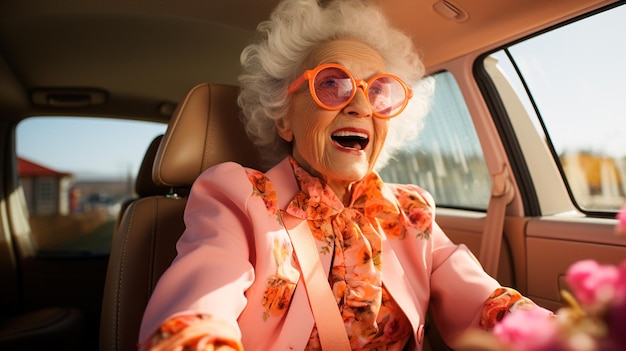 senior lady in sunglasses sitting near car