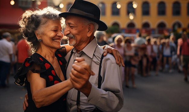 Senior Latijns-Amerikaanse echtpaar dansen op straat