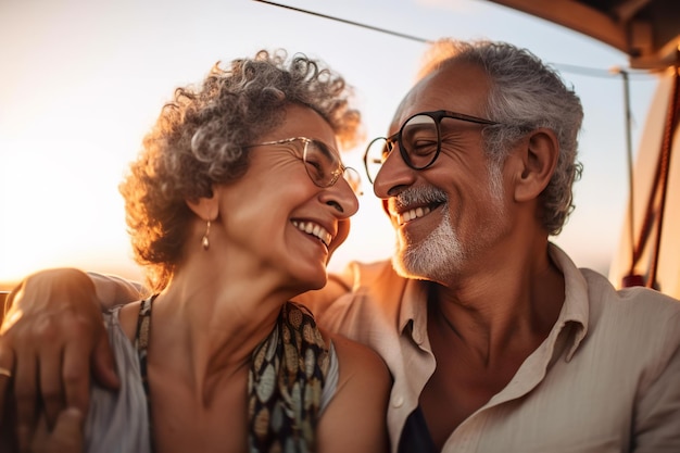 Senior Latino paar verliefd op jacht bij zonsondergang Generatieve AI