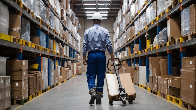 Senior logistic worker in hardhat and uniform walking in warehouse wheeling palette jack