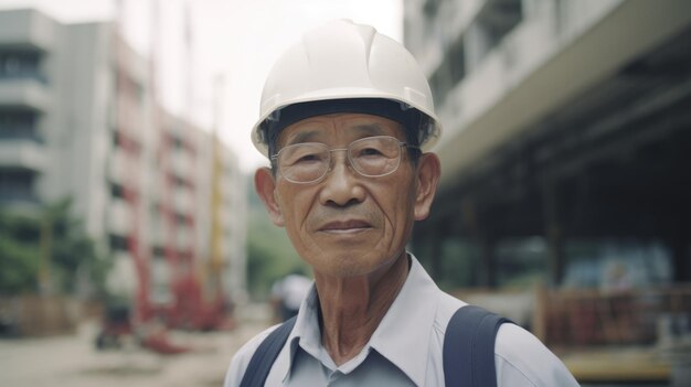 Senior male Asian civil engineer with determined face at construction site Generative AI AIG21