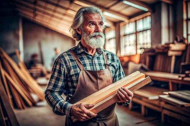 写真 木材を握る上級の男性木工