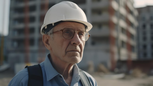 建設現場で毅然とした表情を浮かべる上級男性白人土木技術者 生成AI AIG21