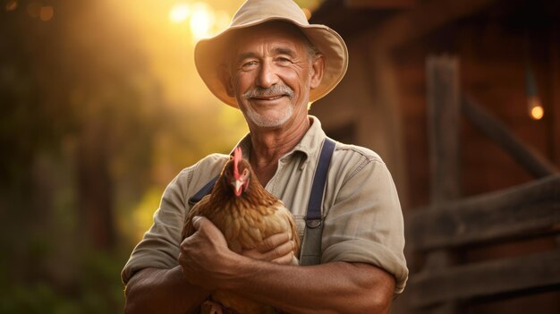 Senior male farmer holding chicken and smiling happily on his farm