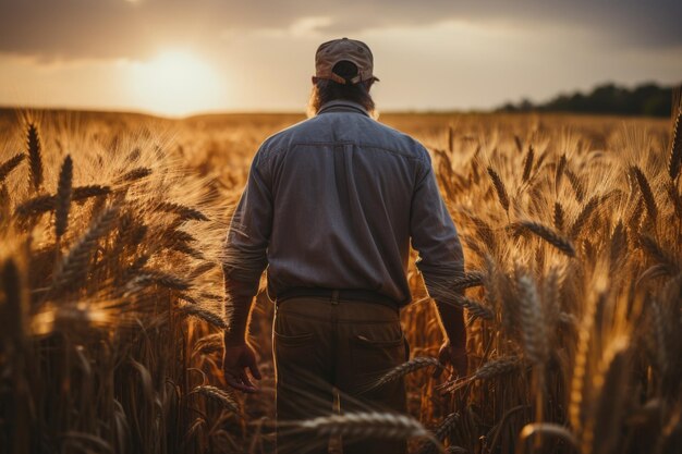 Senior male farmer looking at beautiful landscape in wheat field at sunset AI Generative