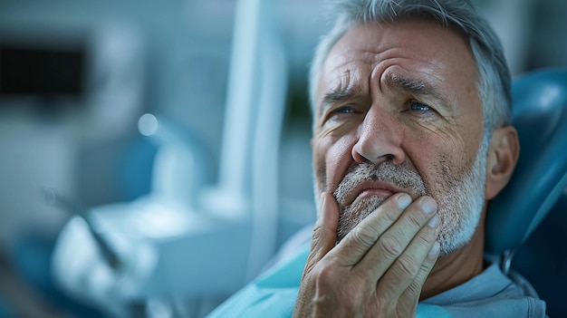 歯科クリニックで歯の痛みを抱えた高齢男性患者 歯科ケア 口腔痛み AI生成