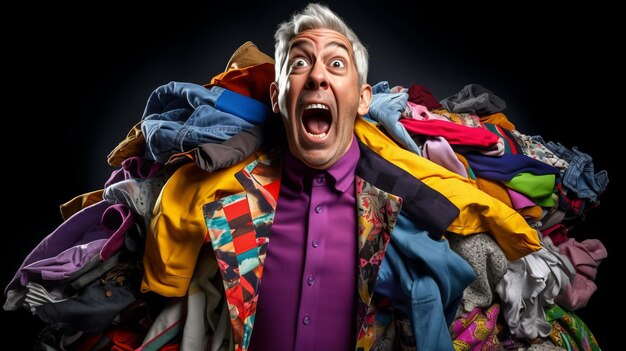 A senior male in a pile of clothes The problem of overconsumption