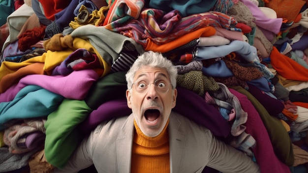 A senior male in a pile of clothes The problem of overconsumption