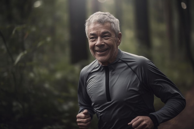 Senior male with grey hair keeping fit by jogging in a park generative ai