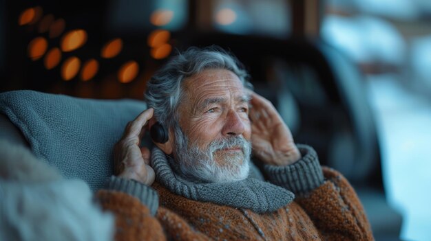 家で聴覚器具を調整する高齢者 快適で瞑想的な囲気