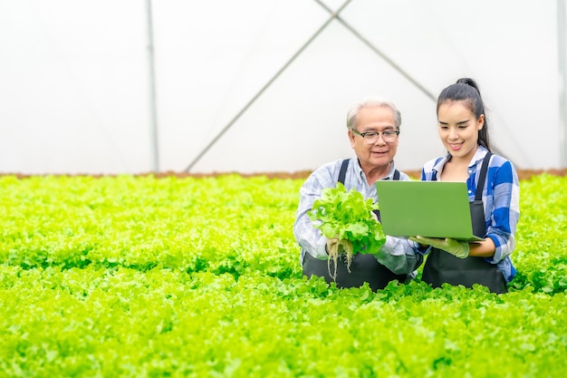 写真 野菜の品質をチェックするシニア男女